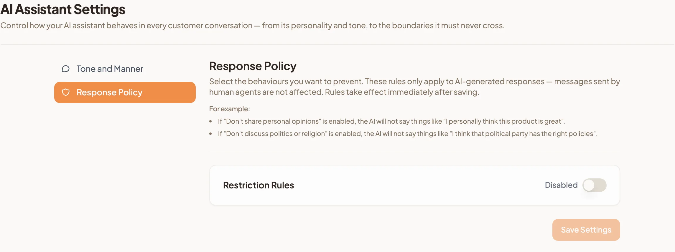 The Response Policy tab with examples of blocked behaviour, the Restriction Rules switch and the Save Settings button