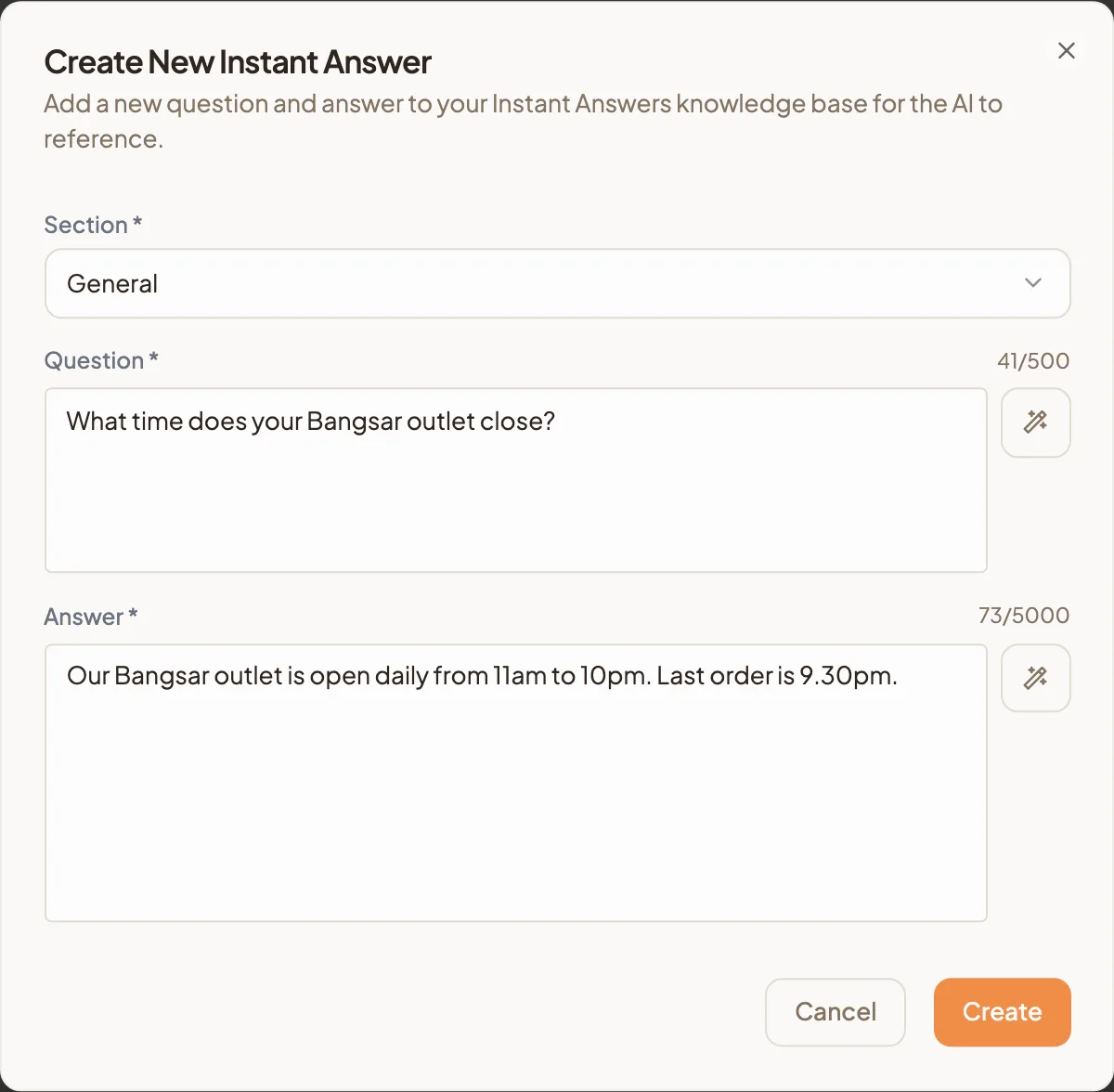 the Create New Instant Answer dialog with a section, a customer question and its answer filled in