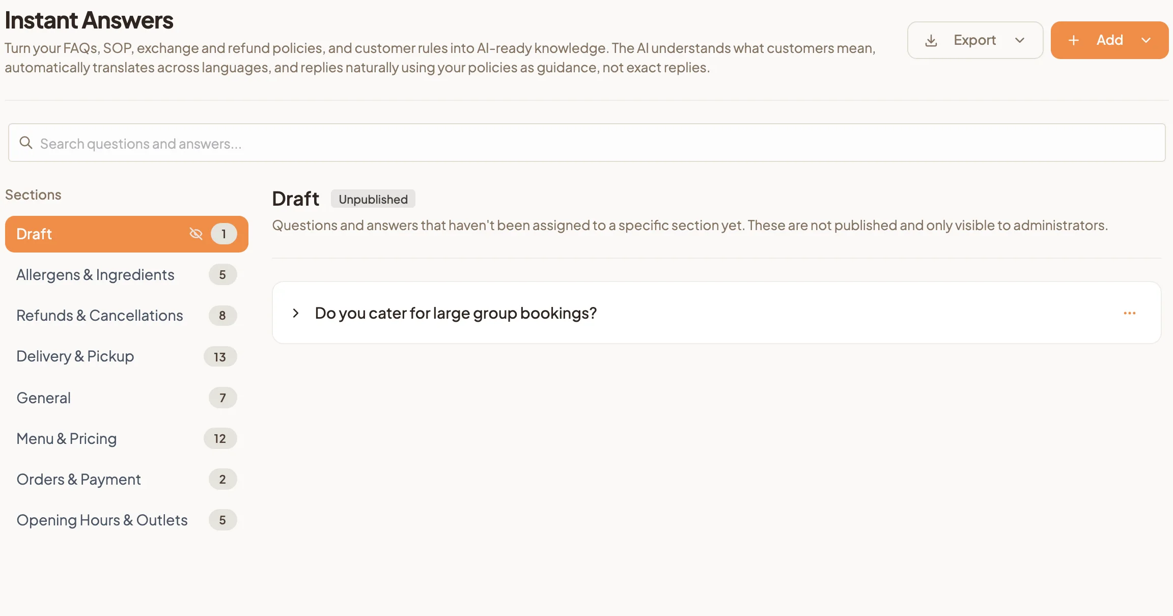 the Instant Answers page listing sections down the left, with the Draft section selected and marked Unpublished