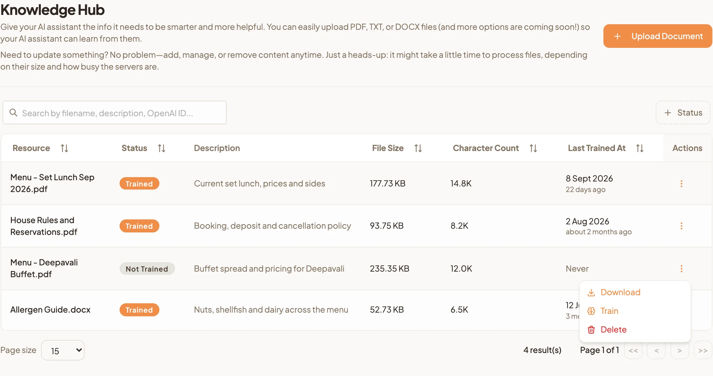 The menu at the end of an untrained Knowledge Hub row showing Download, Train and Delete