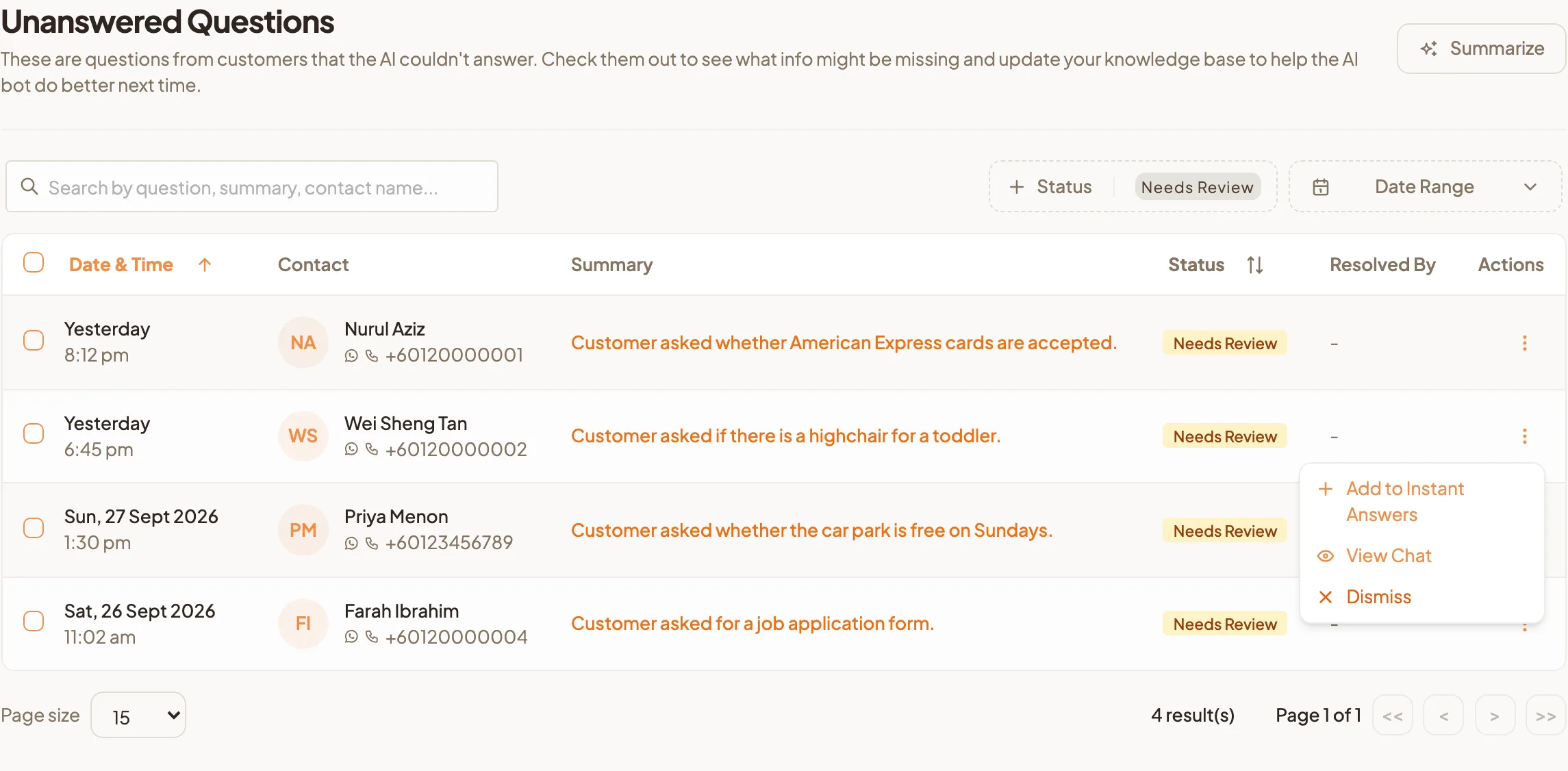 The row menu showing Add to Instant Answers, View Chat and Dismiss