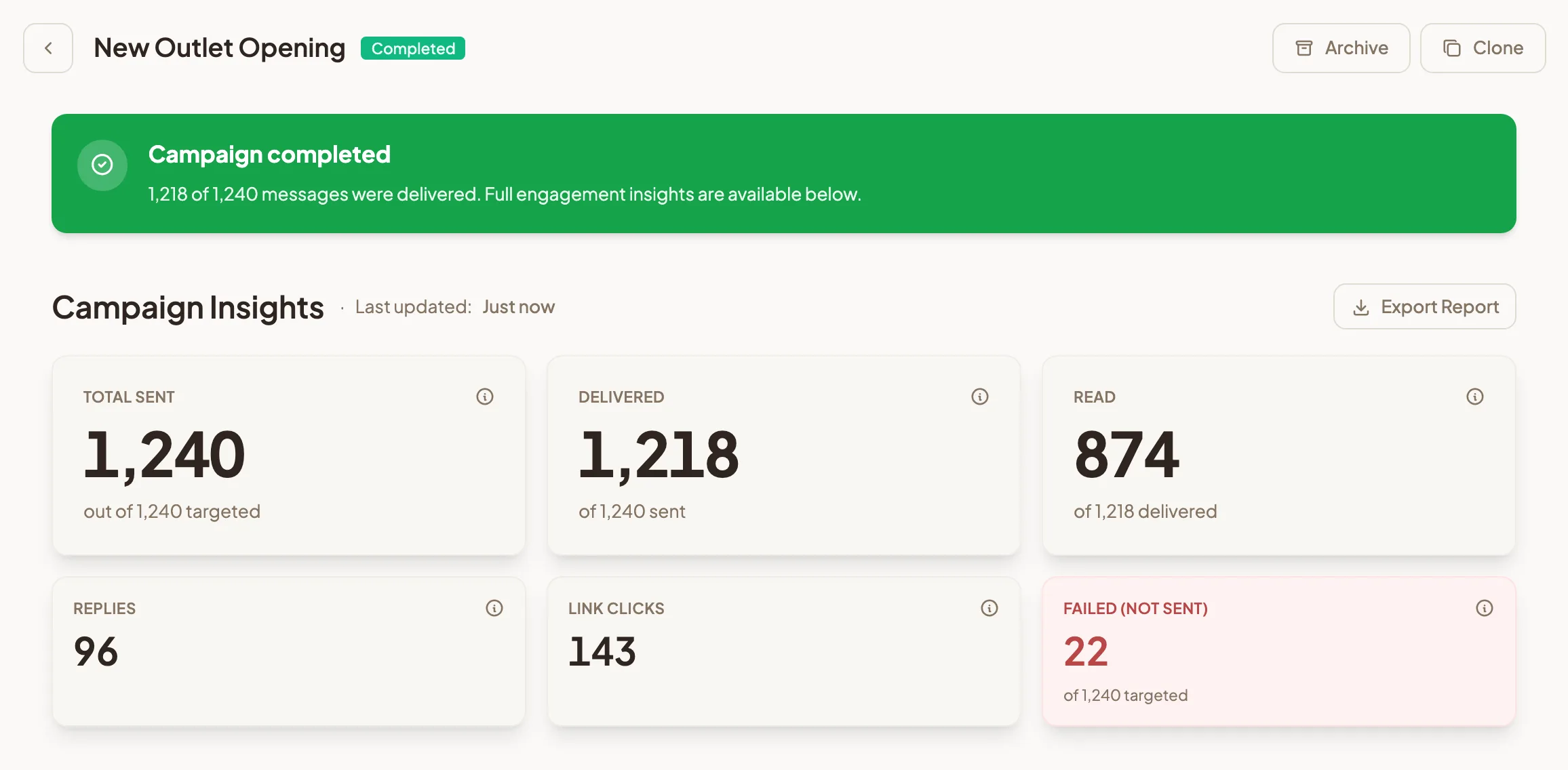 a finished campaign page showing a Completed badge next to the campaign name, a green Campaign completed banner and the Campaign Insights cards