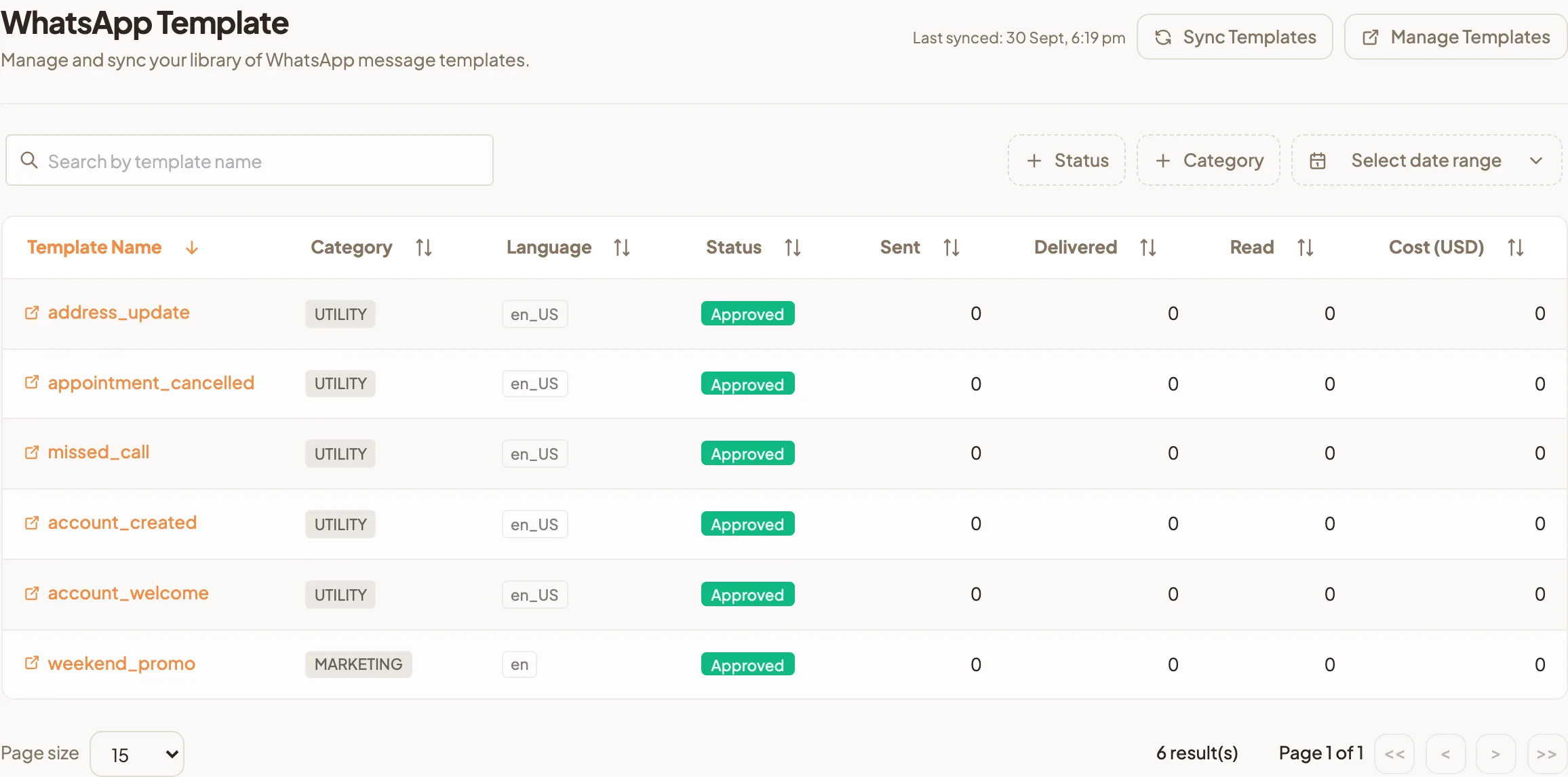 The Templates list showing template name, category, language, status, and the Sent, Delivered, Read and Cost columns