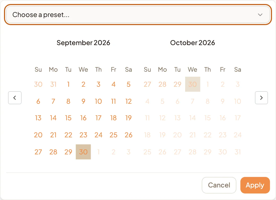 The date range picker open on the Templates page, with the Choose a preset menu above a two-month calendar