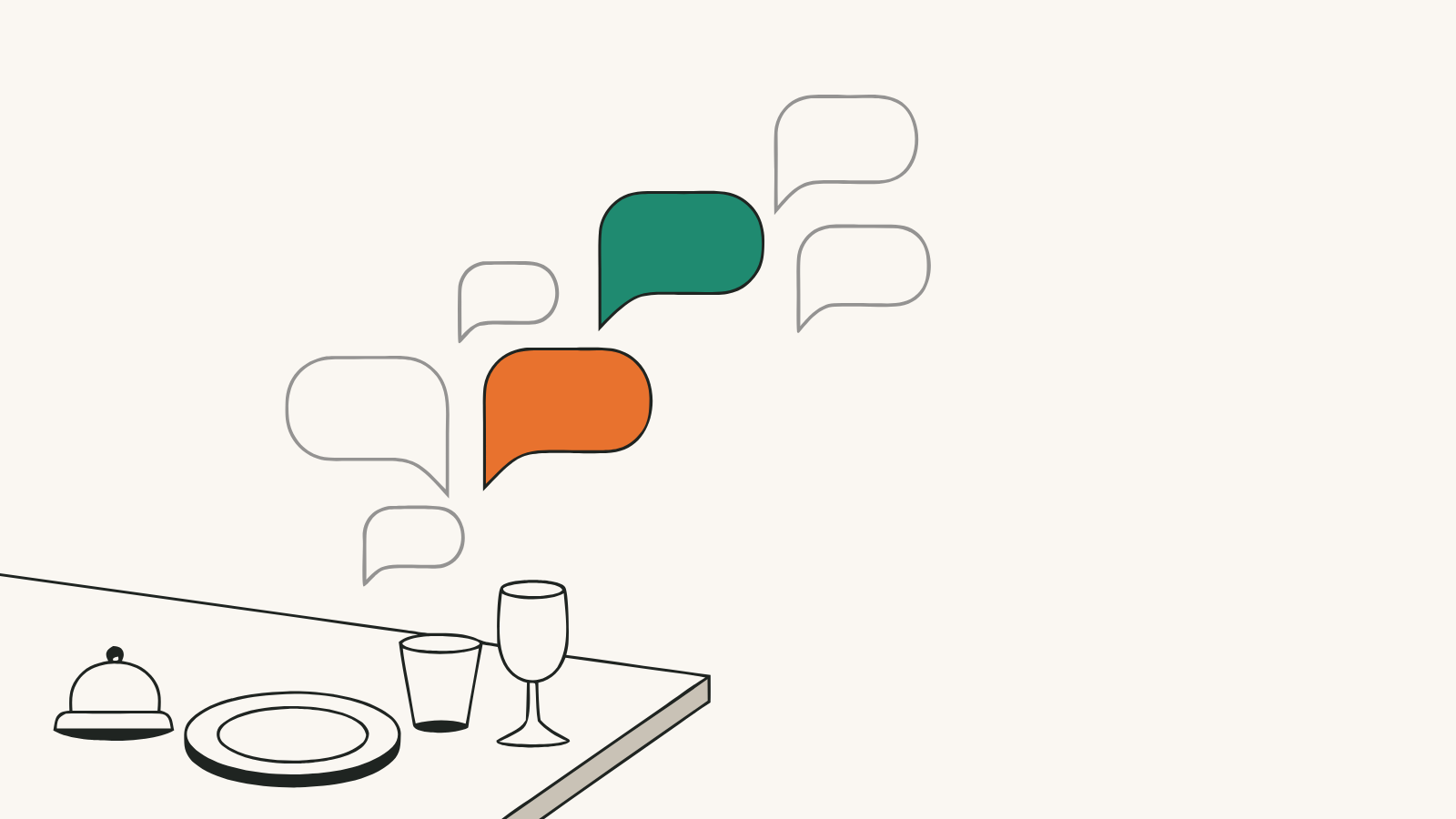 Flat illustration of a busy restaurant service with messages arriving, one answered on its own and one passing to a member of staff