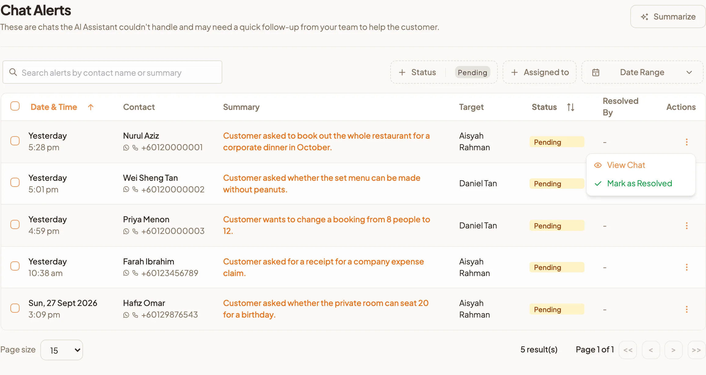 The menu at the end of a pending chat alert row, showing View Chat and Mark as Resolved