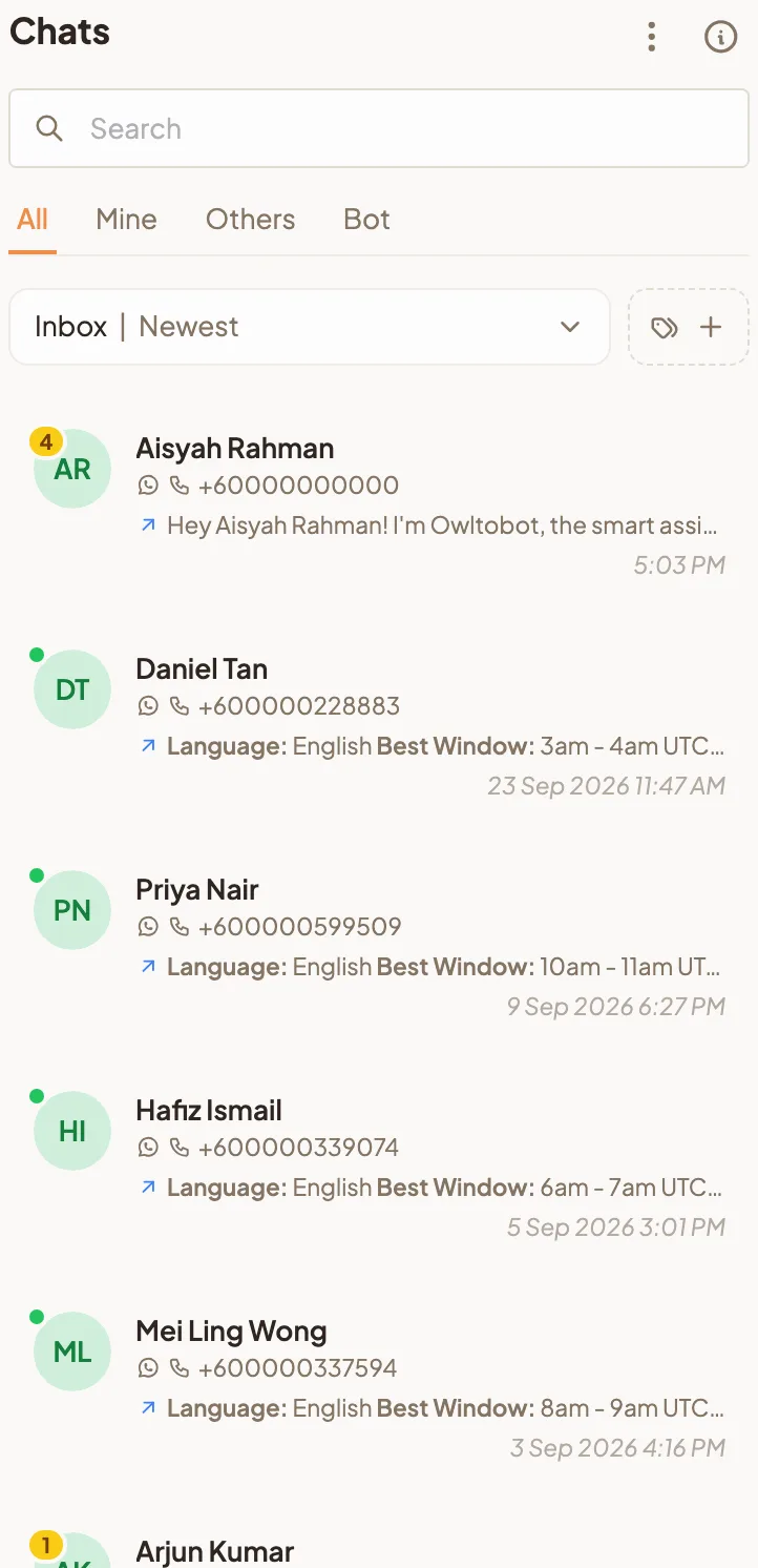 The chat lobby showing the All, Mine, Others and Bot tabs, the Show and sort menu, and a list of chats with unread counts and green status dots