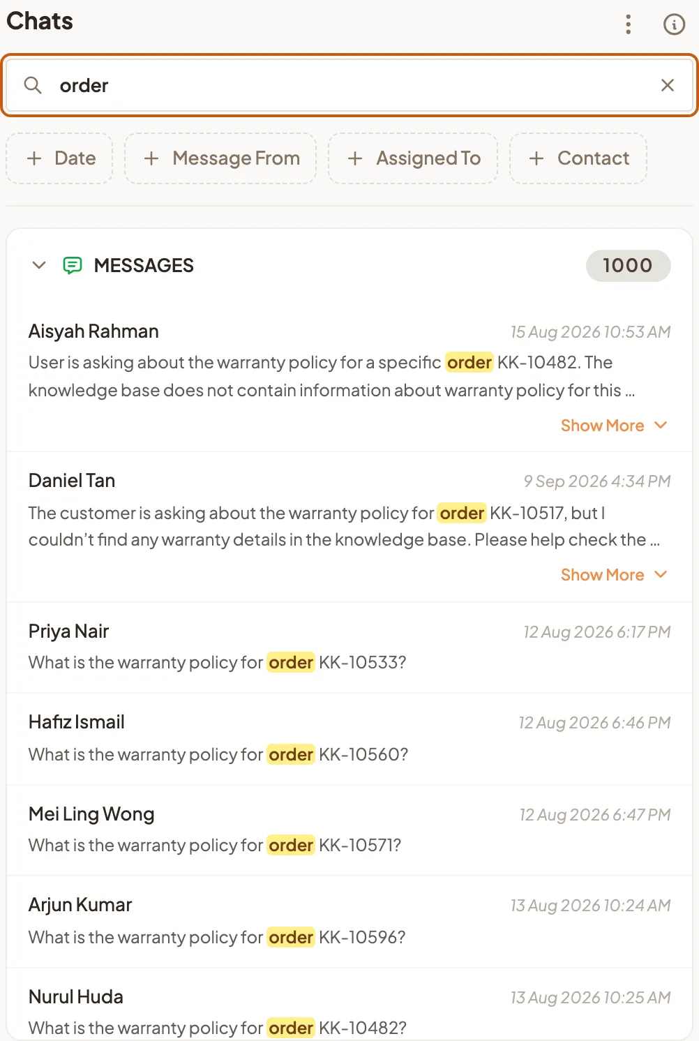 Global chat search results for "order" with the matching messages highlighted, and the Date, Message From, Assigned To and Contact filters above them