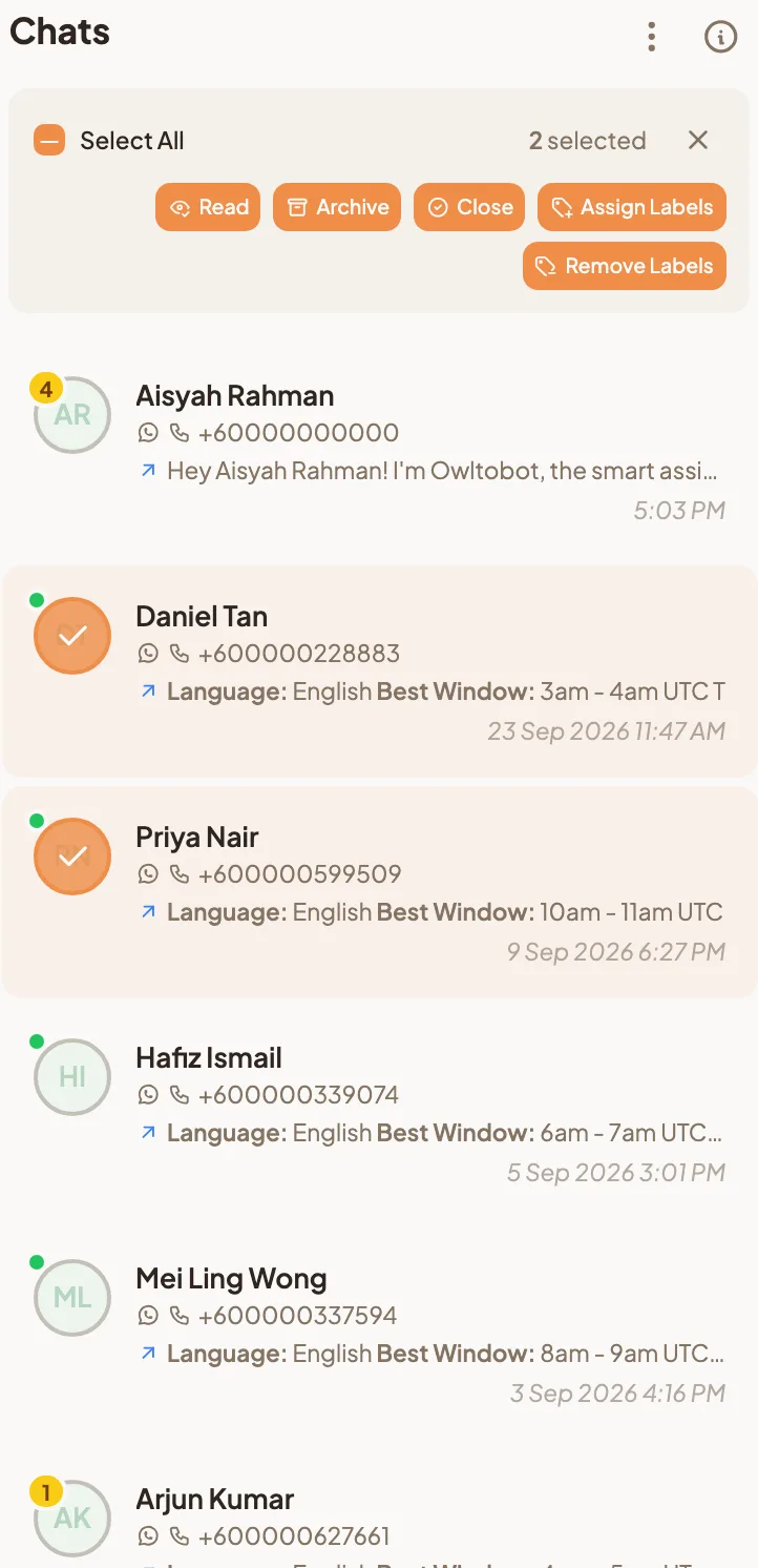 The chat lobby in select mode, with two chats ticked and the Read, Archive, Close, Assign Labels and Remove Labels actions above the list