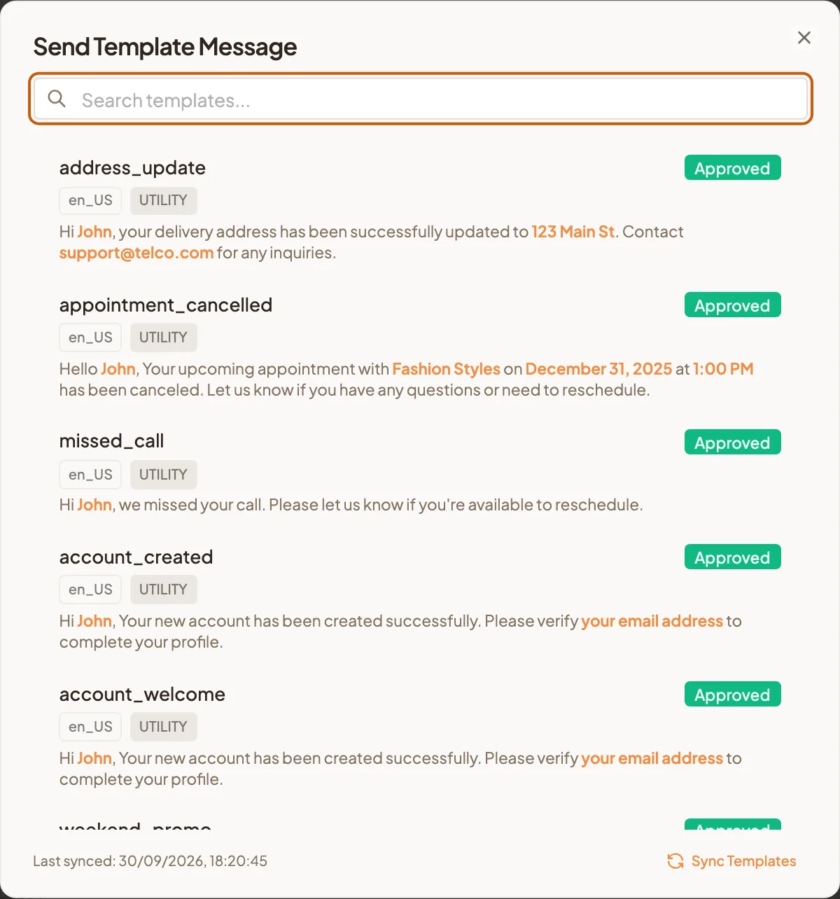 The Send Template Message dialog listing approved templates with their language, category and message preview