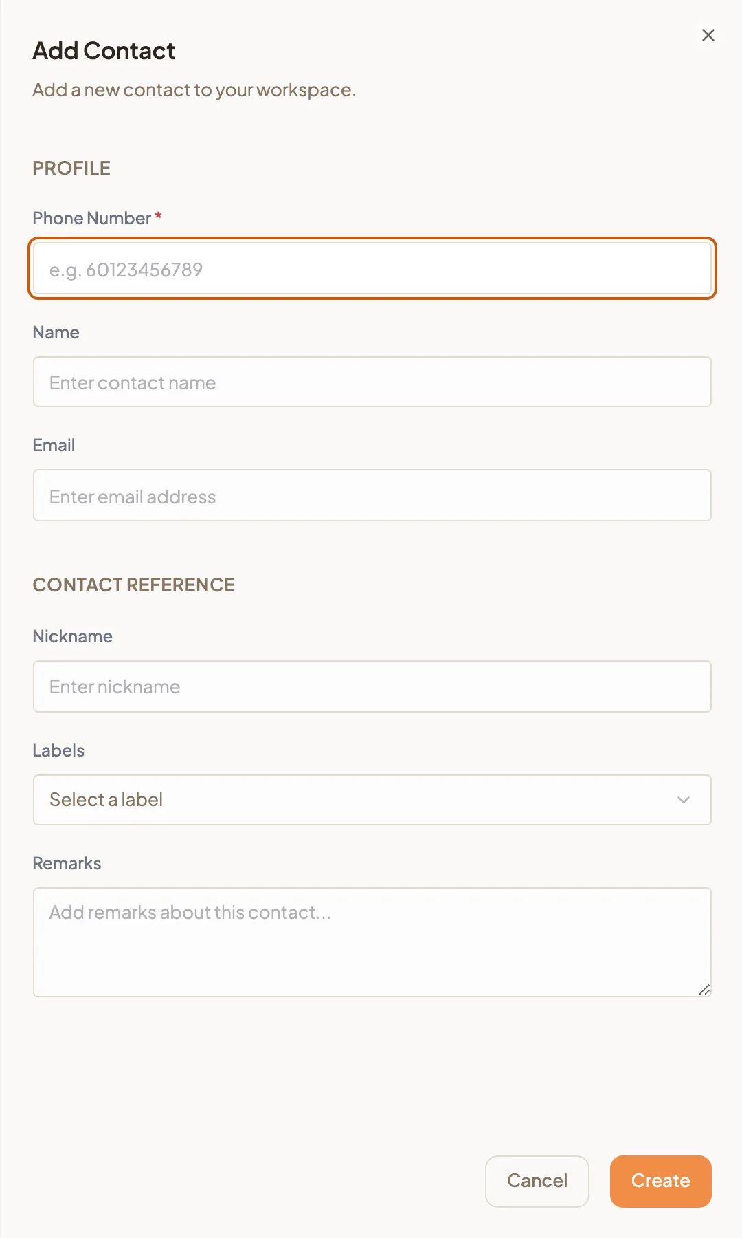 The Add Contact dialog with Phone Number, Name, Email, Nickname, Labels and Remarks fields