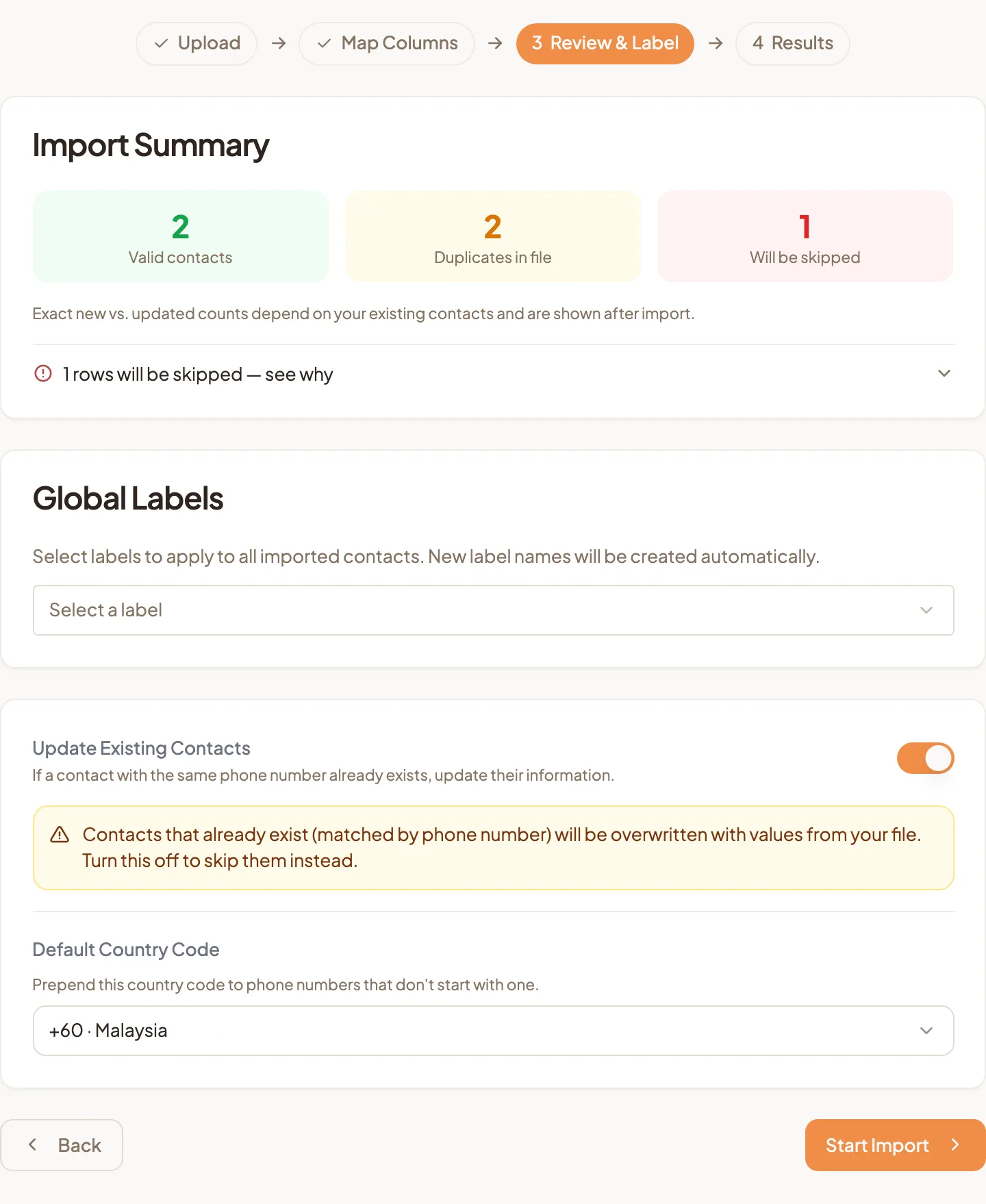 The Review and Label step showing the import summary, Global Labels, Update Existing Contacts and Default Country Code