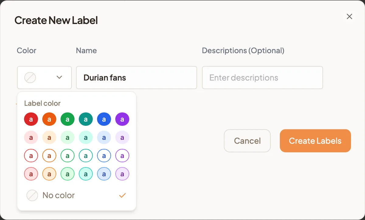 The Create New Label dialog with the colour picker open, showing solid, pastel, outline and tinted styles