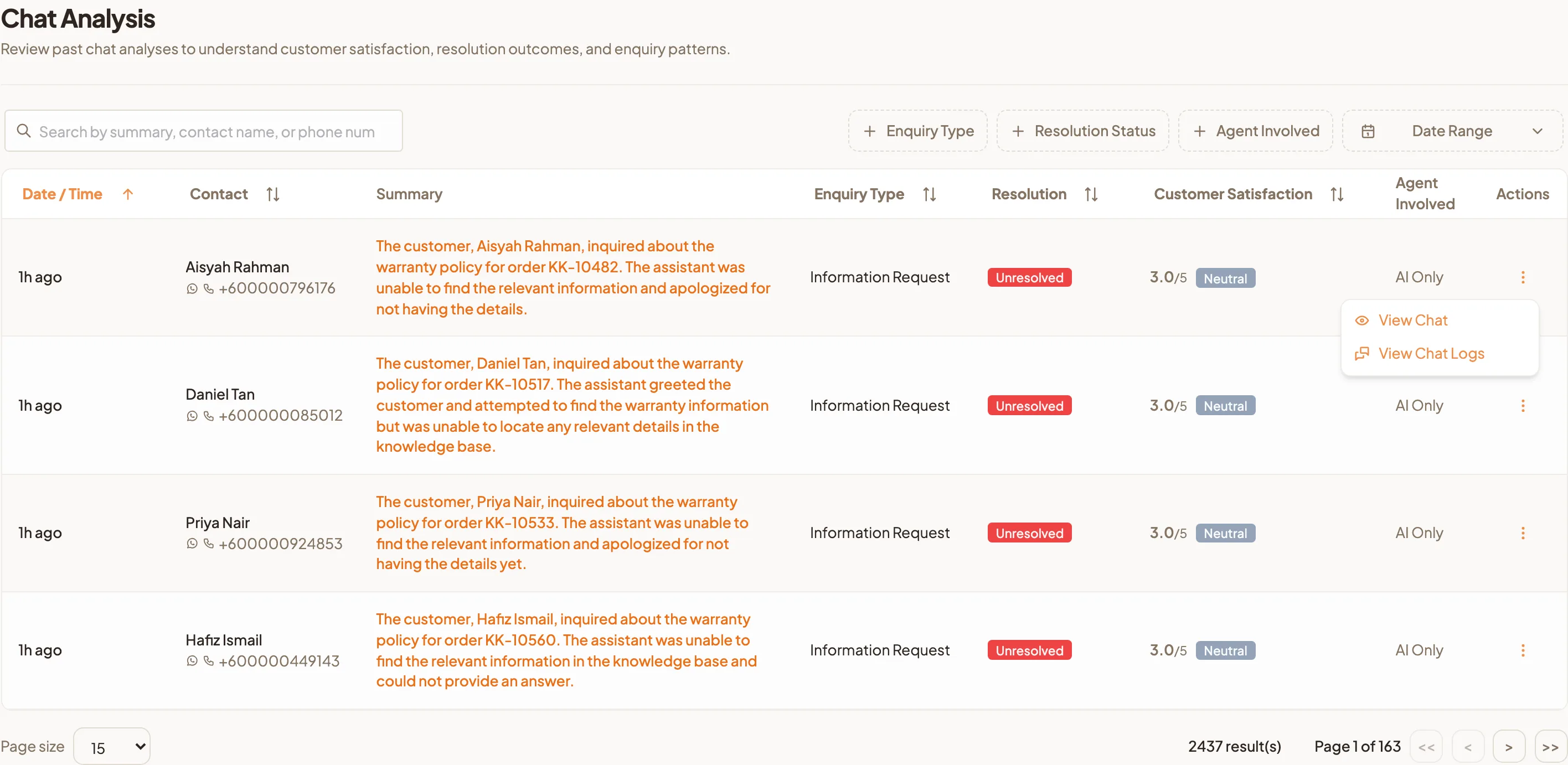 The row menu in Chat Analysis showing View Chat and View Chat Logs