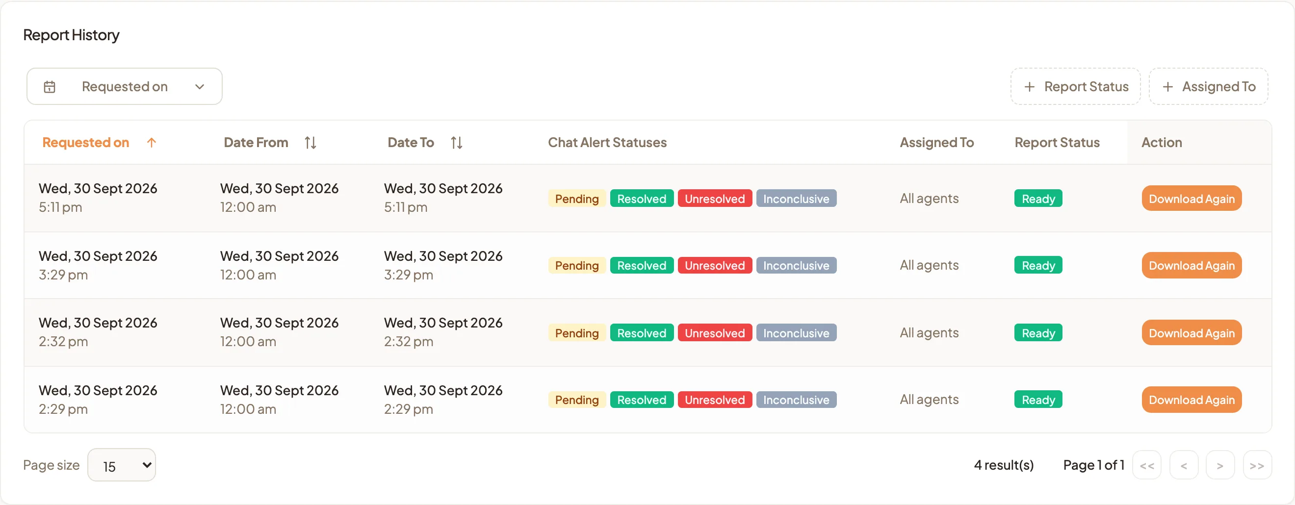 Report History listing generated reports with their date range and chat alert statuses, each with a Download Again button
