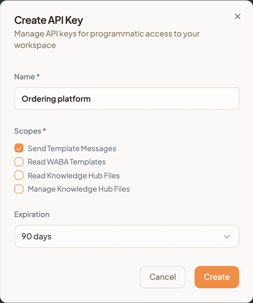 The Create API Key dialog with a name filled in, the Send Template Messages scope ticked and 90 days selected under Expiration
