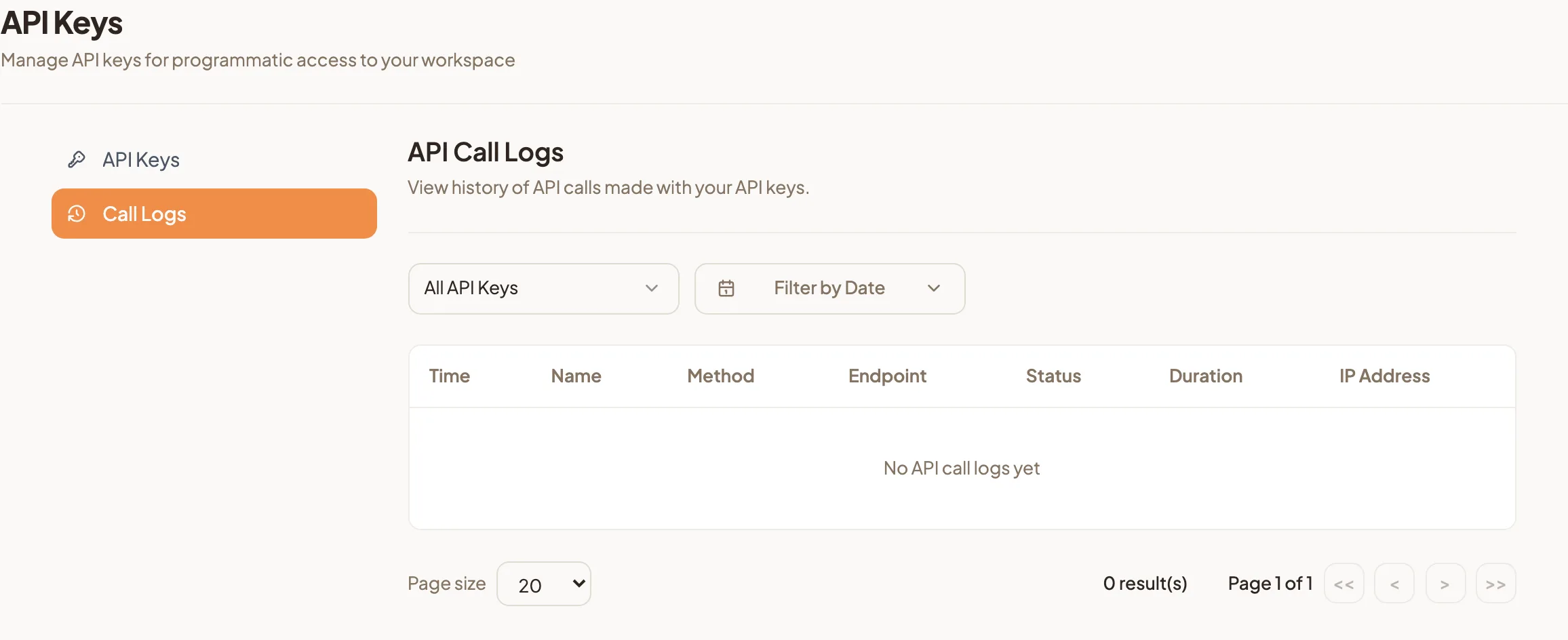 The Call Logs tab with the key filter and date filter above an empty log that reads No API call logs yet