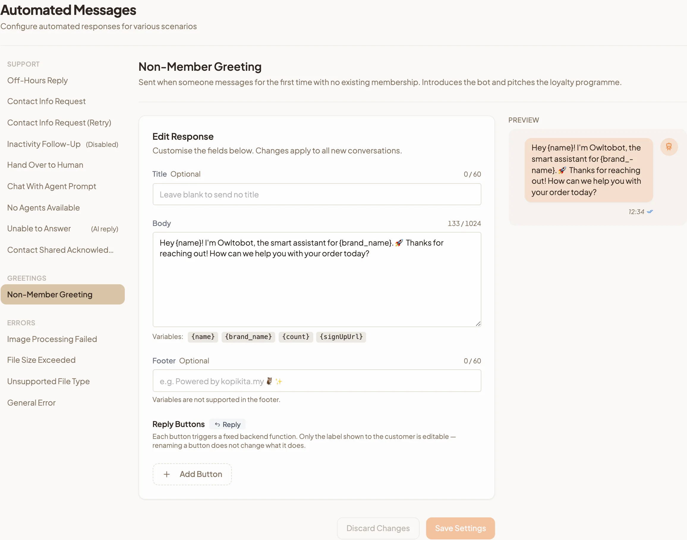 The message editor for Non-Member Greeting showing the Title, Body and Footer fields, the Reply Buttons section and the WhatsApp preview