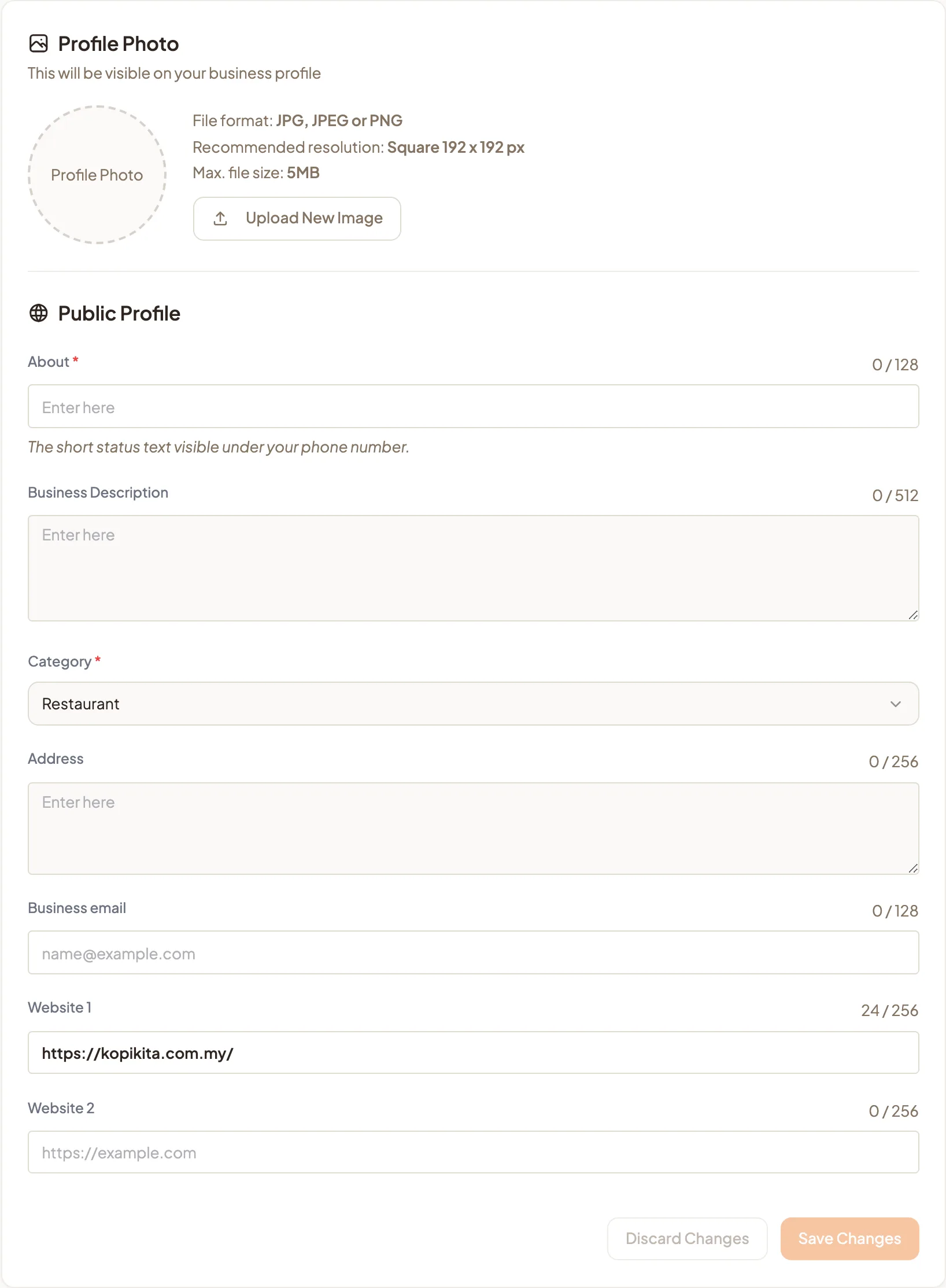 The Business Profile tab with the Profile Photo upload and the Public Profile fields for About, Business Description, Category and Address