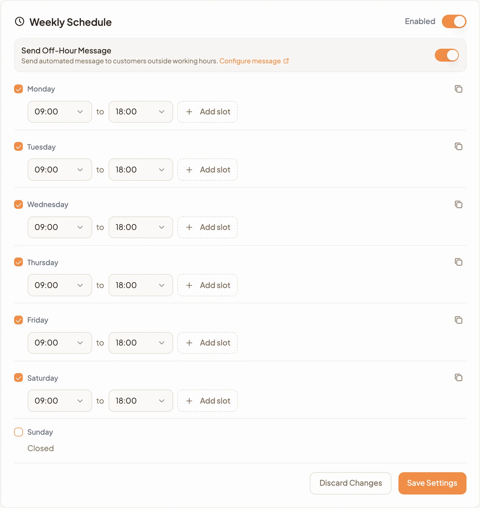The Weekly Schedule card switched on, with the Send Off-Hour Message switch on, 09:00 to 18:00 slots from Monday to Saturday, and Sunday marked Closed