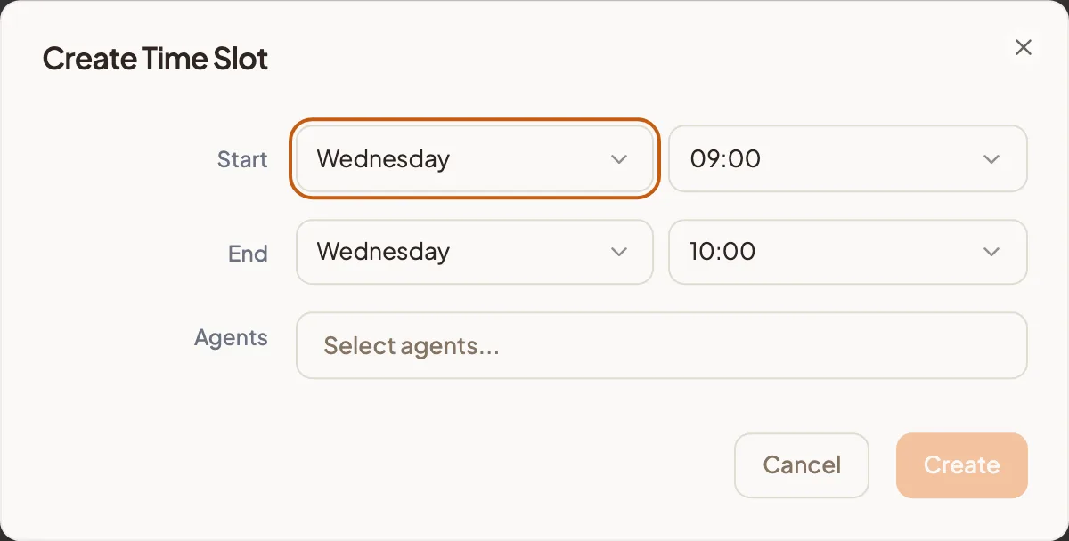 The Create Time Slot dialog with the start and end day and time, and the Agents field