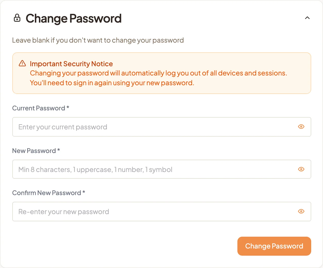 The Change Password section open on My Profile, with the security notice and the current, new and confirm password fields